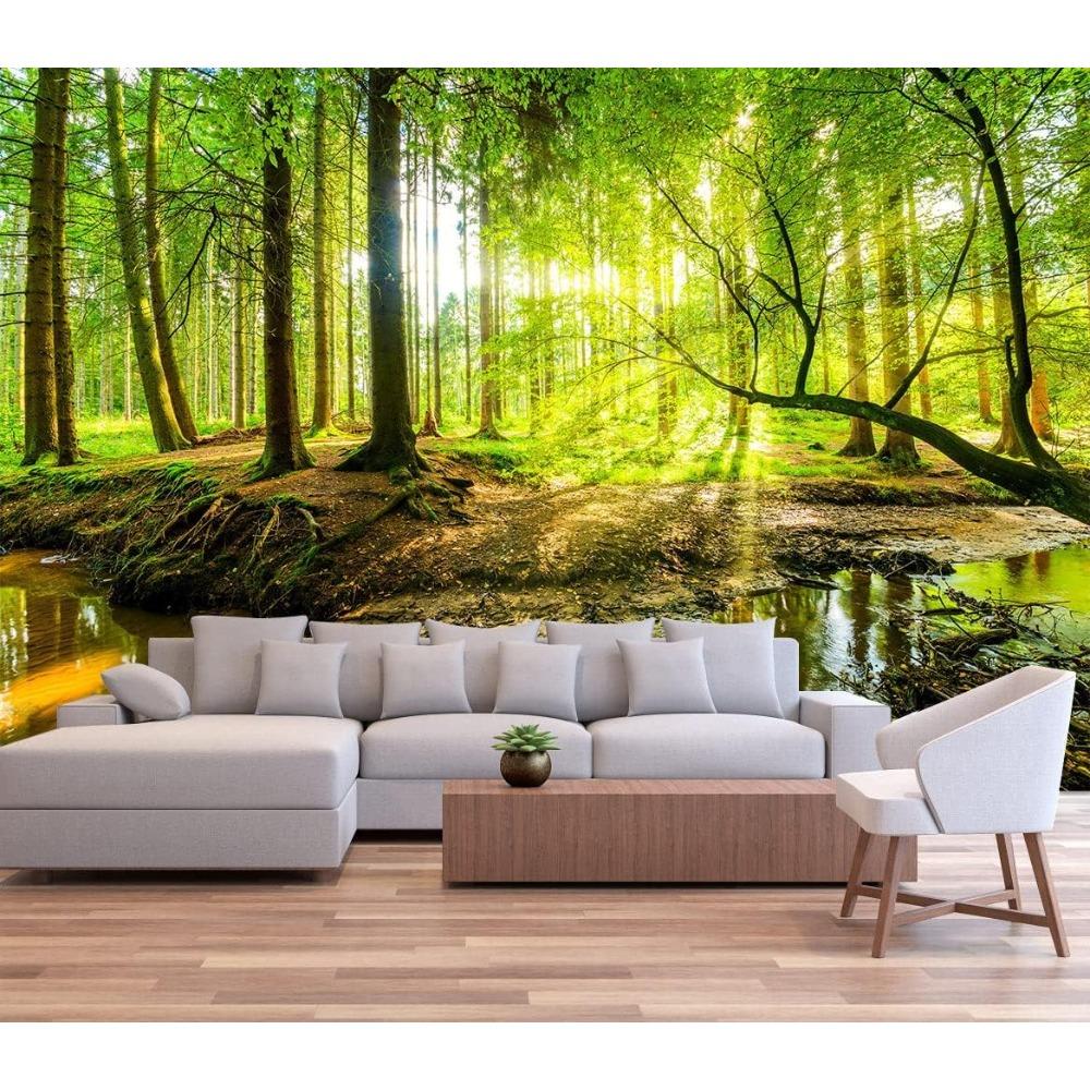 Sunny Forest Stream Wall Mural Green Nature Tree Landscape Wallpaper Home Decor