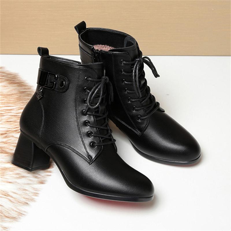 Women Soft Leather Ankle Boots Antumn Winter Women Plush Fur Warm Shoes British Style Lace Up Female High Heel Short Boots