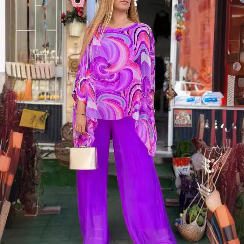 2024 Красочный шифоновый повседневный комплект из двух предметов с принтом, с круглым вырезом, летний