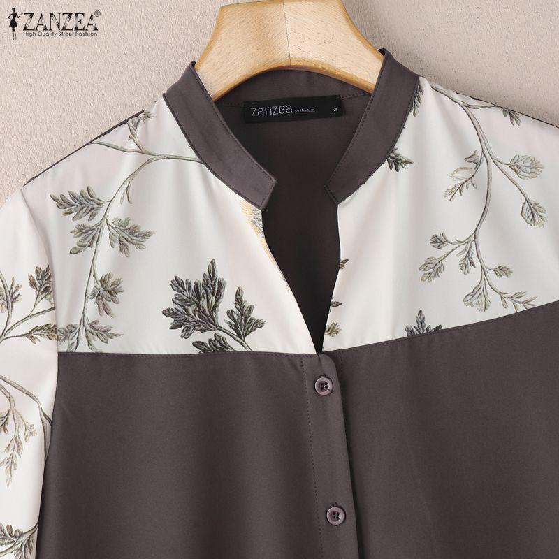 ZANZEA Женская повседневная блузка с V-образным вырезом, свободного кроя, с принтом и вставками, рукав 3/4