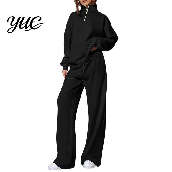 Athleisure Wear for Women 2Pcs/Set Oversized Loungewear, Quarter Zipper Sweatsuit Long Pants Set, Loose Tracksuit Fit Sleeve Pullover Jogger