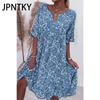JPNTKY Women's Fashion Summer Spring Solid Color Print Short Sleeve Casual Dresses