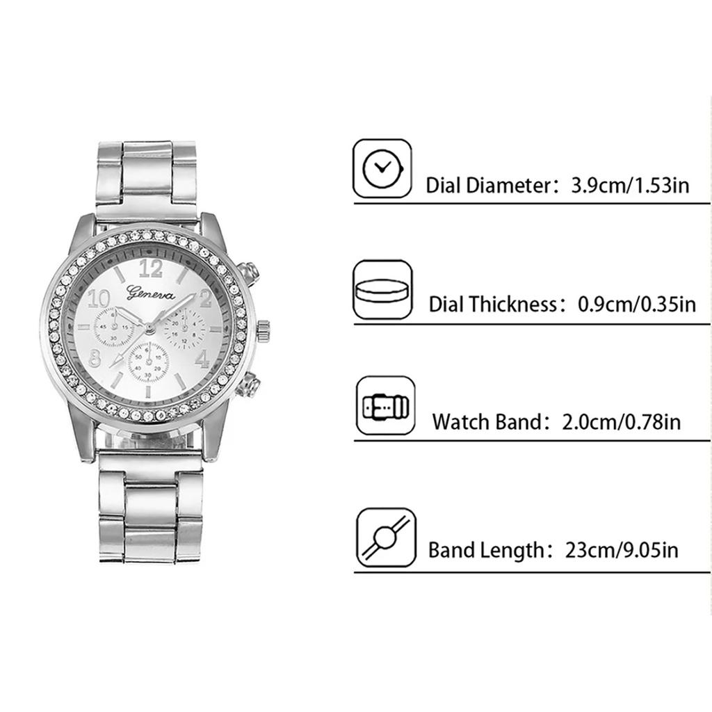 6pcs Fashionable And Versatile Diamond Inlaid Water Diamond British Steel Bracelet Watch Necklace Earrings Ring