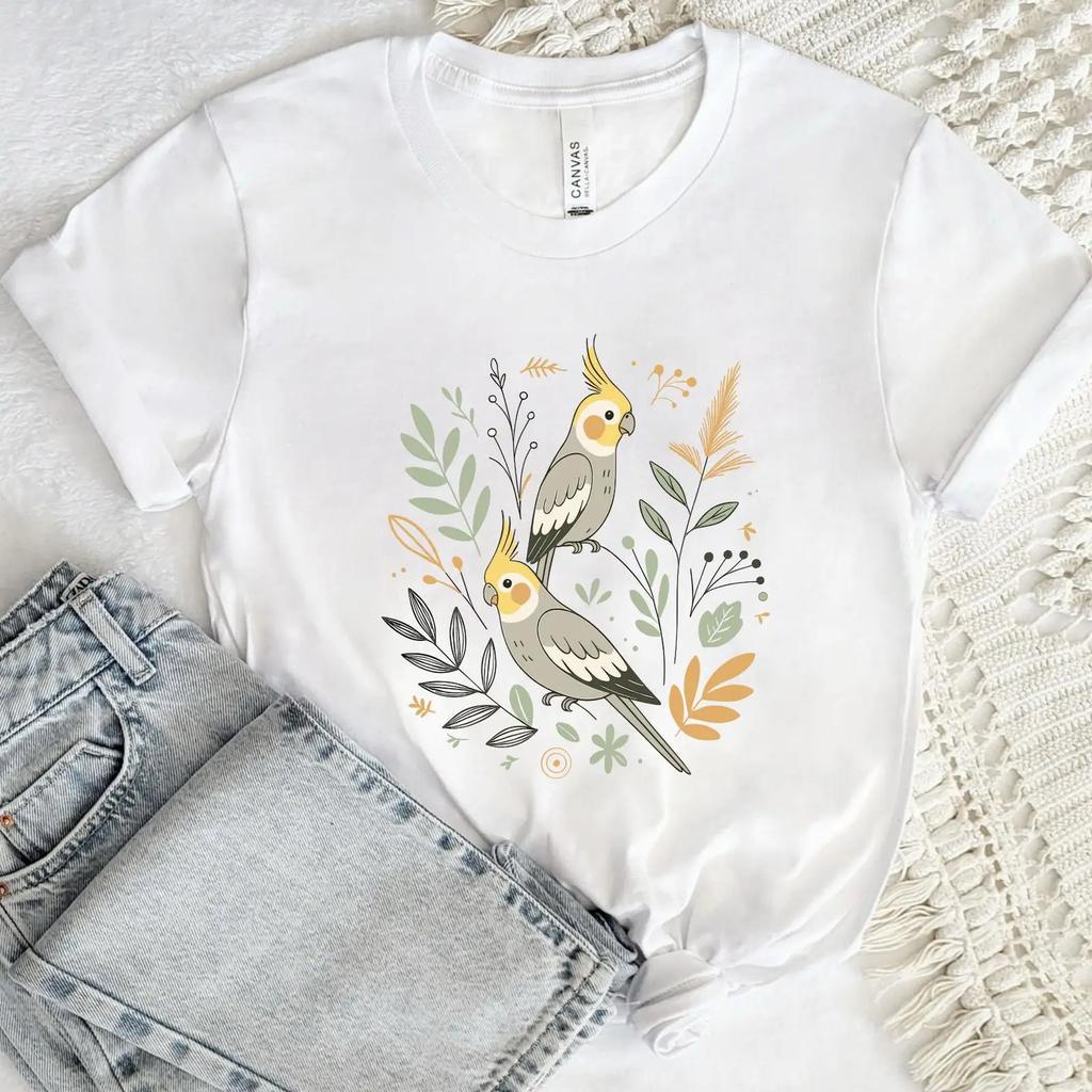Cute Floral Cockatiel T Shirt Kawaii Bird Lover Casual Birdwatching For Owners Vintage Washed Slightly Versatile Homme