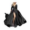 Sexy Deep V-Neck Maxi Dress for Women Sheer Lace Long Sleeve High Split Cocktail Party Dress Formal Evening Gown