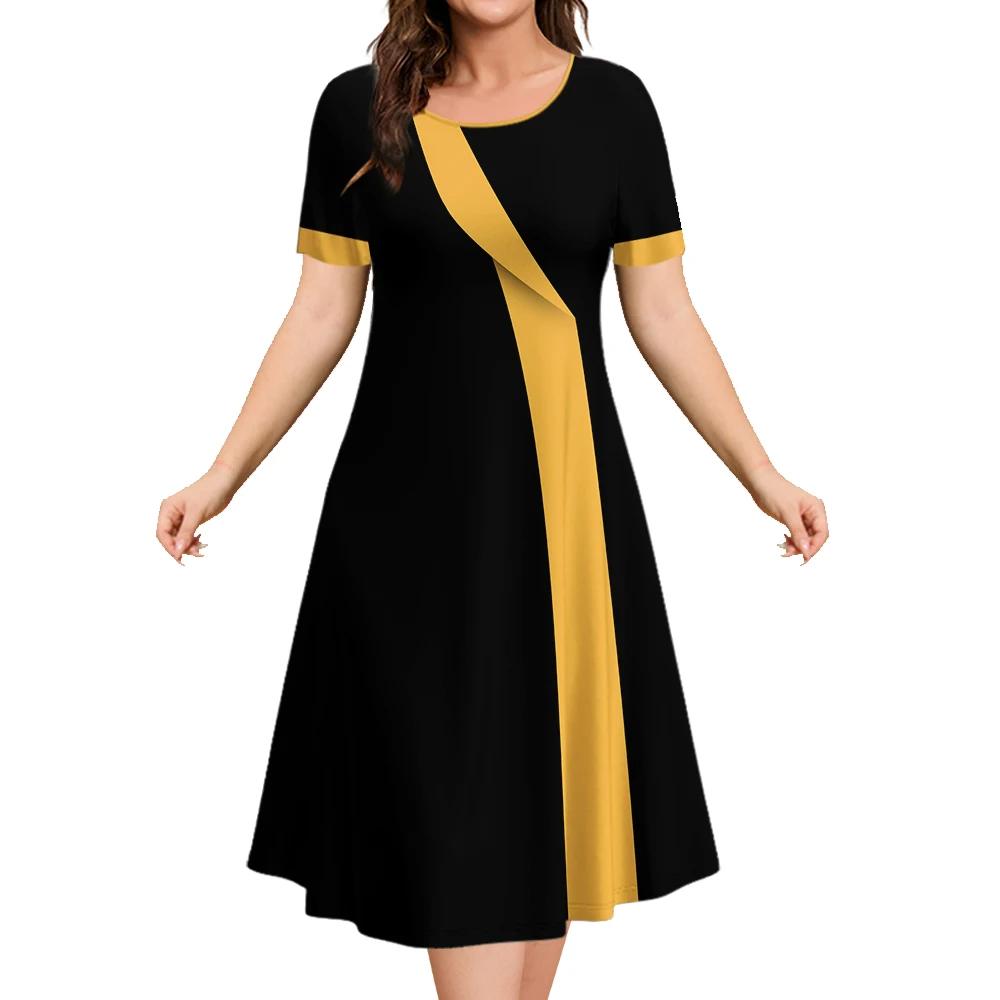 Летние платья для женщин Лоскутные принты Клетчатая одежда Столкновение цветов Вечернее платье Простой короткий рукав пуловер А-силуэт юбка