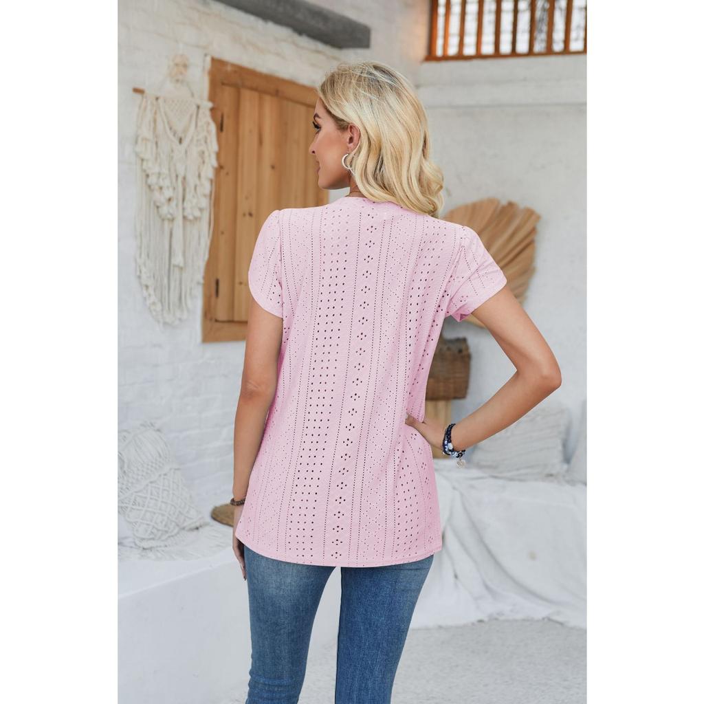 GMXIA Женская футболка весна-лето с V-образным вырезом, пуговицами, рукавами-лепестками, однотонная футболка