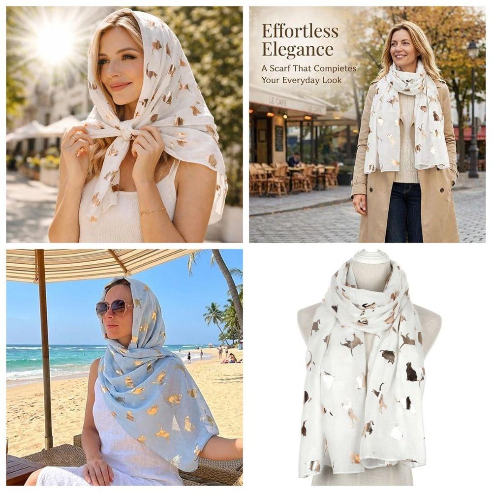 with Frayed Hem Cat Print Scarf Polyester Shawl Wrap Creative Gift Animal Scarf