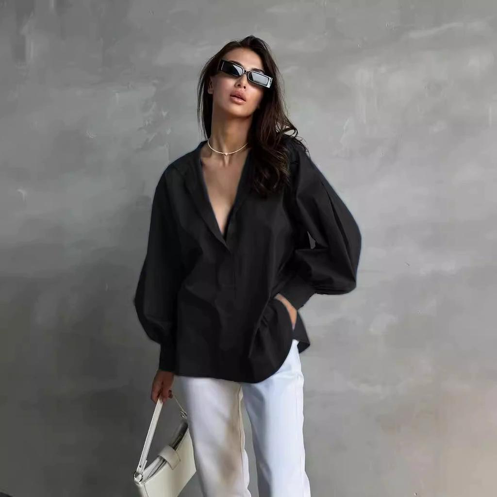 Lantern Sleeve Women's Shirt Lazy Temperament Commuting Versatile Round Neck Lantern Sleeve Shirt for Women