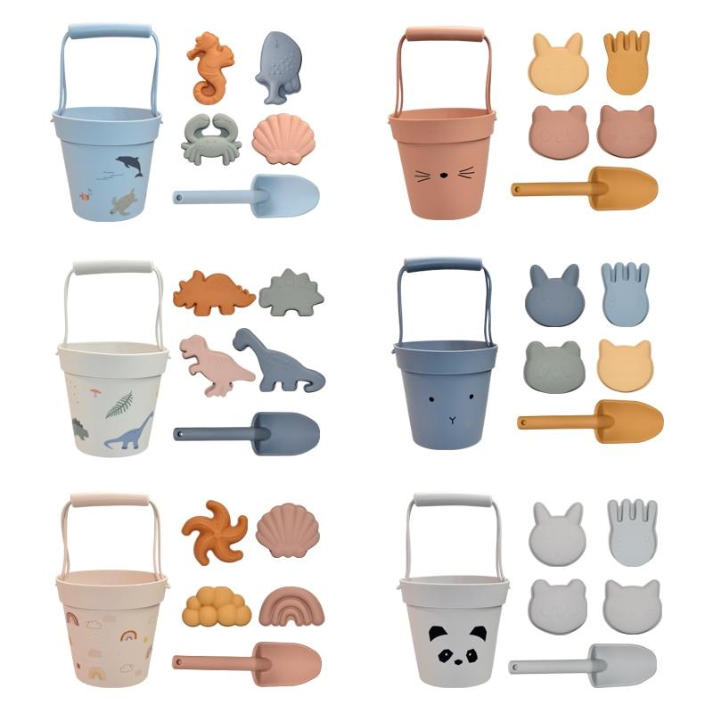 6 шт., силиконовое ведро с песком, набор игрушек, мягкая милая модель животного, мини-лопатки для копания песка, наборы, детские пляжные игрушки для игр с песком и водой