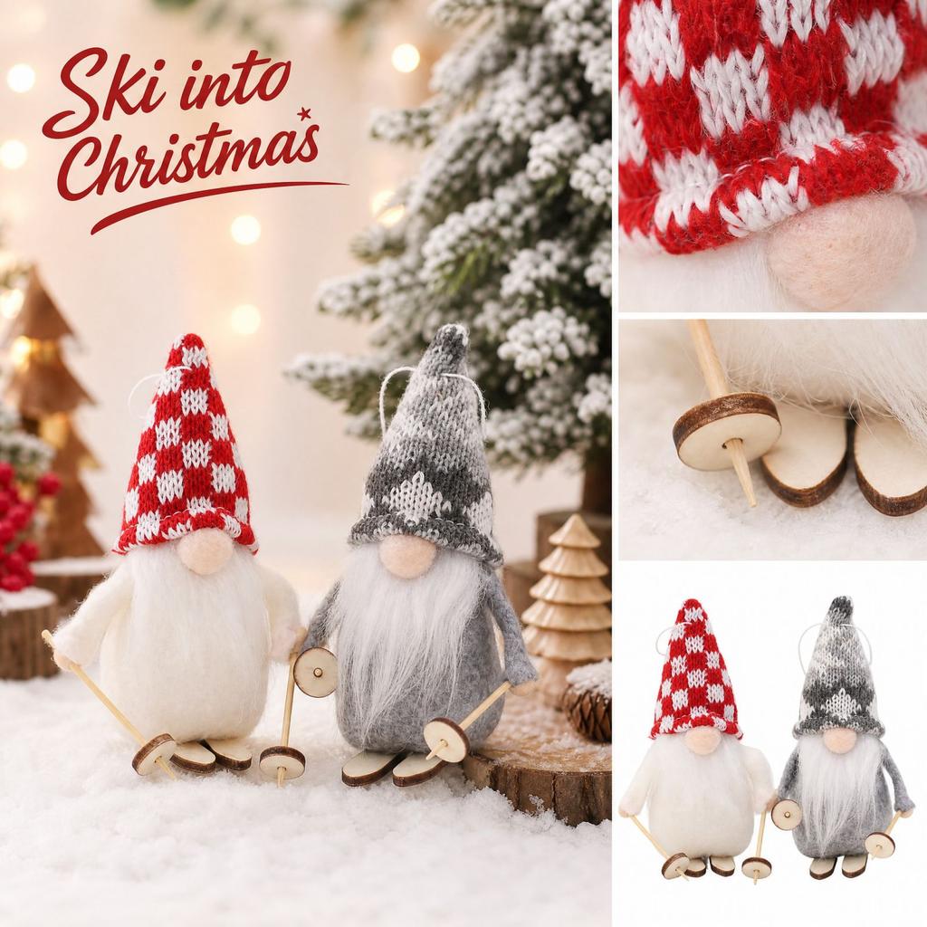 Christmas Ski Doll Wooden Hanging Ornament Knitted Fabric Christmas Tree Decoration