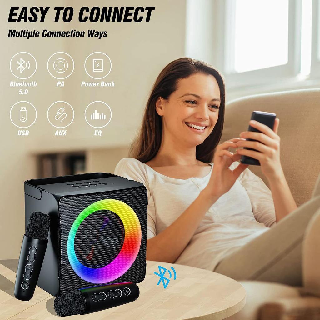 Караоке-машина, портативный динамик Bluetooth, светодиодная лампа для вечеринок с 2 беспроводными микрофонами для караоке — подарок на день рождения, семья, вечеринка, встреча, поддержка USB.