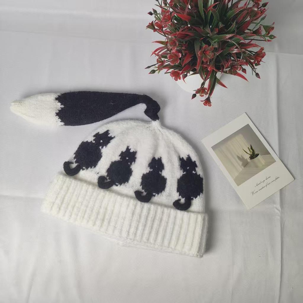 New cute kitten tail plush hat women's autumn and winter warm big head circumference show face small ear protection knitted hat