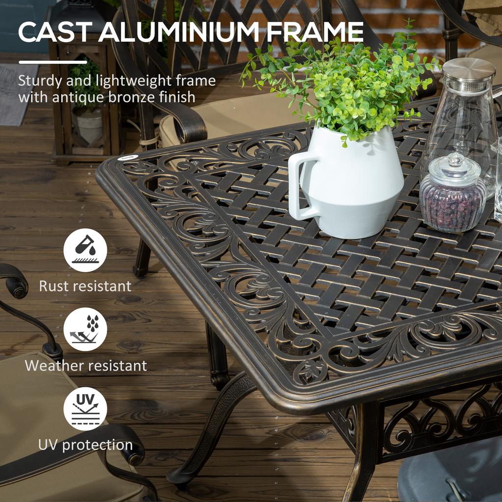7 PCs Garden Patio Dining Set with Parasol Hole, Cast Aluminium Outdoor Furniture Set with Six Cushioned Chairs and Rectangle Dining Table