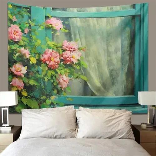 Rose Garden Pattern Oil Painting Style Hanging Cloth Home Wall Decoration Tapestry Bedroom Living Room Tapestry