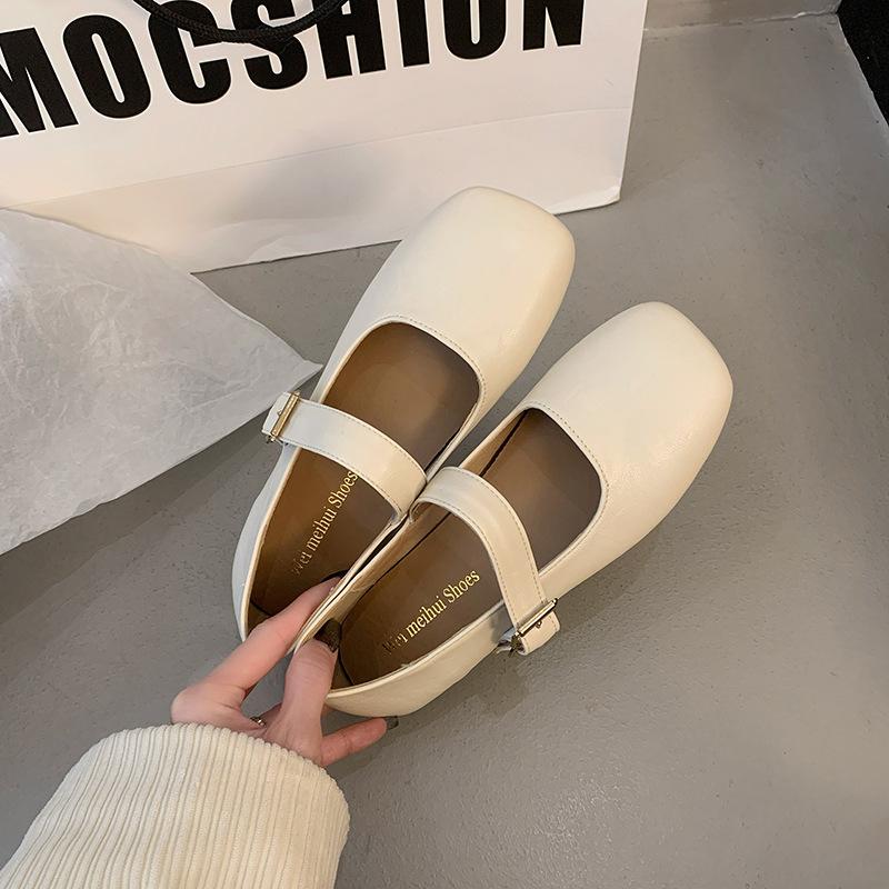 2025 Spring and Autumn New French Mary Jane Single Shoes Women's Korean Version Square Head One Pedal Shallow Mouth Flat Bottom Doudou Women's Shoes