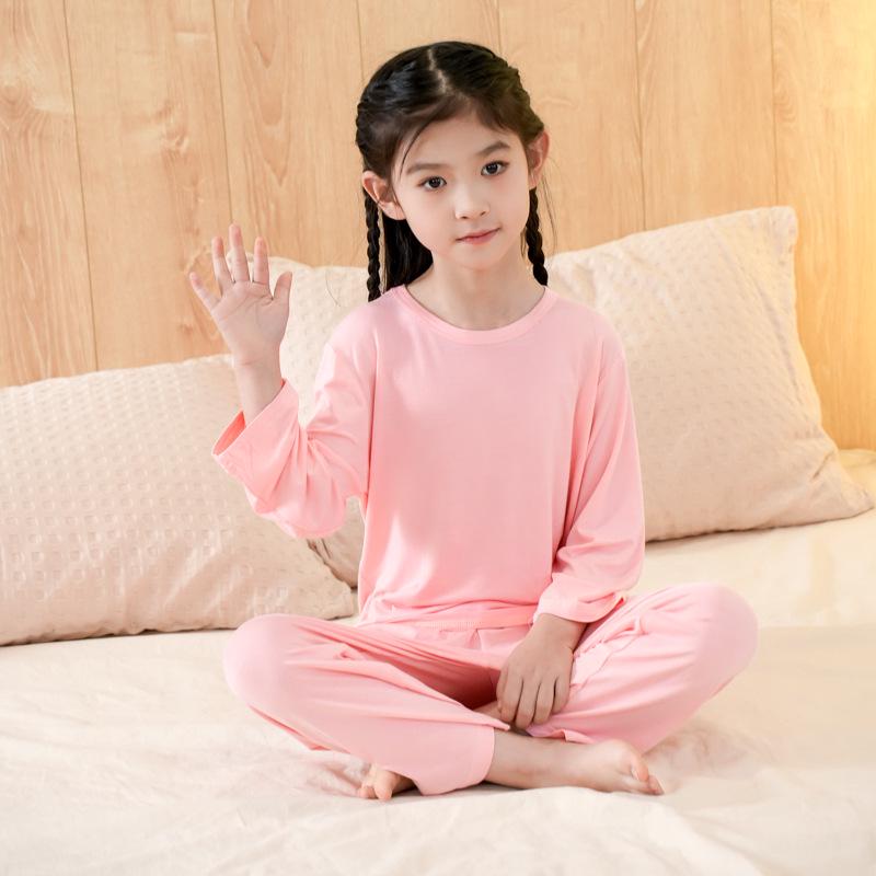 Детский модальный пижамный комплект - Летний легкий, с круглым вырезом, с длинными рукавами и брюками для мальчиков и девочек.