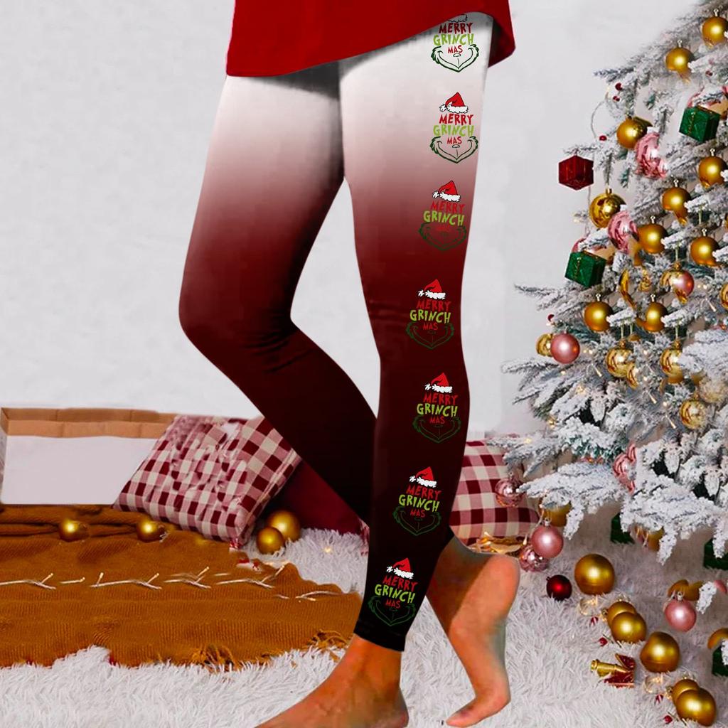 Women's Fashion Casual Outdoor Christmas Print Slim Stretch Yoga Pants Nine Minute Pants