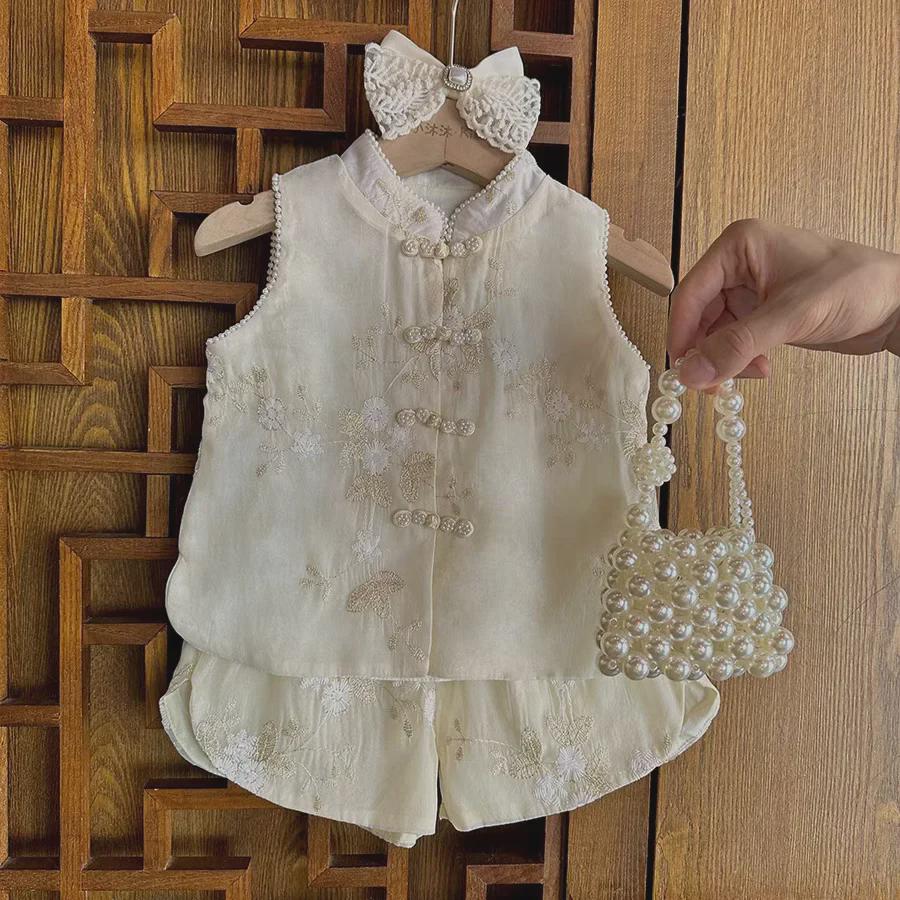 Летний комплект для девочек 2024 года из жилета и шорт в китайском стиле