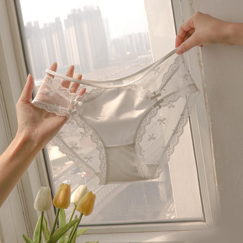 Трусики из французского кружева с низкой талией - белые, прозрачные, полые, летний тонкий стиль