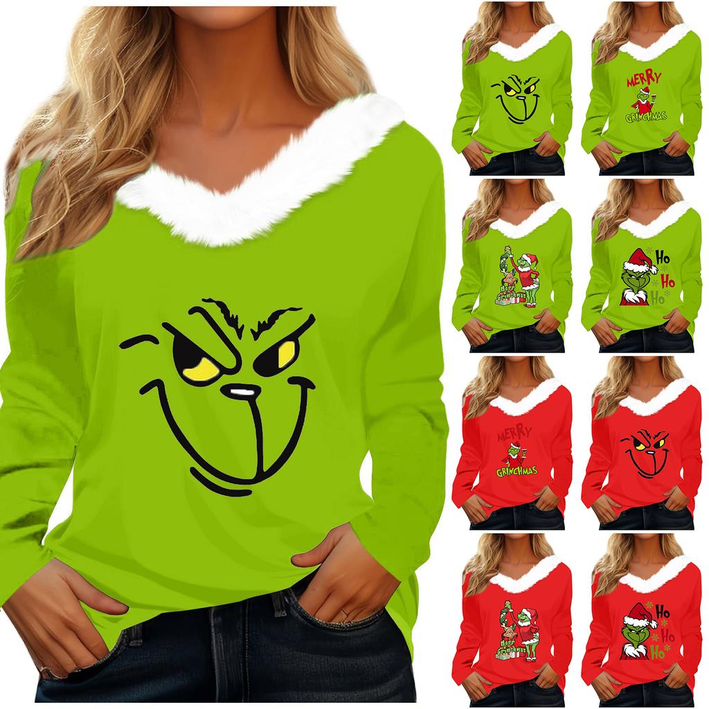 Women's T Shirt Tee Christmas Shirt Long Sleeve Party Christmas Fleece Collar V Neck Top