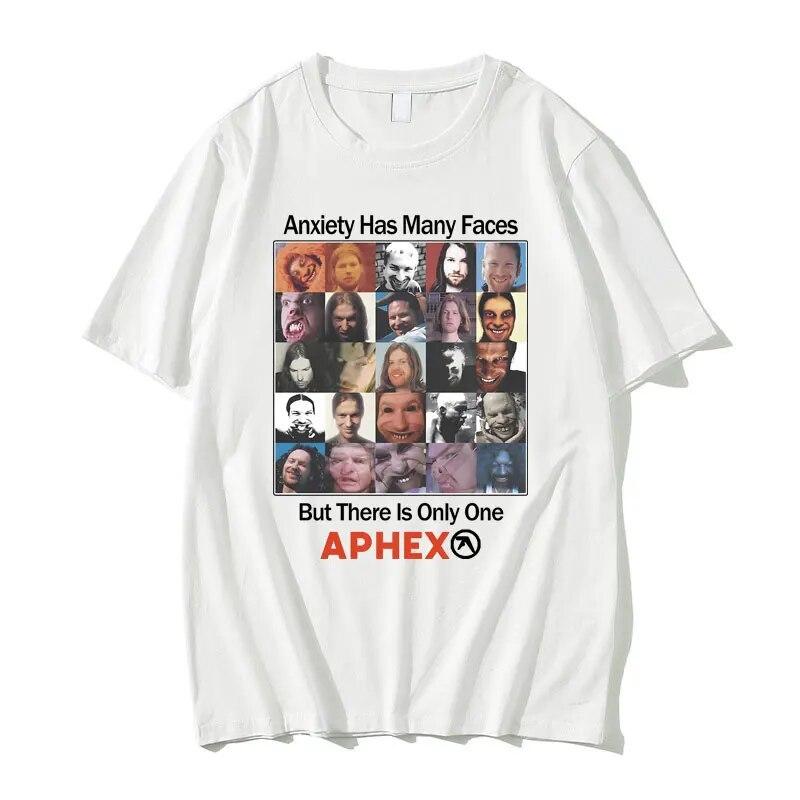 Британская электронная музыка Aphex Twin Anxiety имеет много лиц, но есть только одна футболка с рисунком APHEX, женская винтажная футболка унисекс