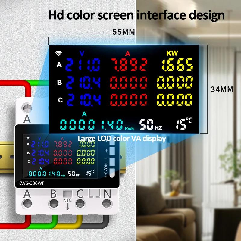 TUYA Wifi/NO Wifi Energy Power Meter 3 Phase 4-wire DIN Rail Electric Wattmeter AC 85-290V Electricity Monitor Voltage Protector