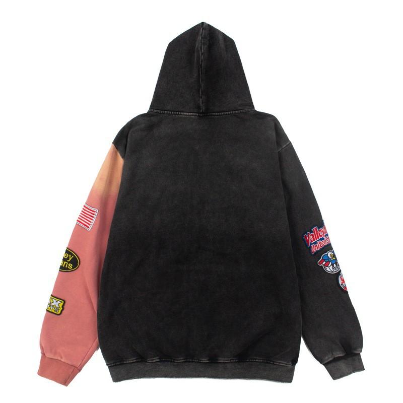 Mens Washed Vintage Hooded Zip-Up Sweatshirt With Embroidered Racing Patch Cotton-Poly Blend Plus Size