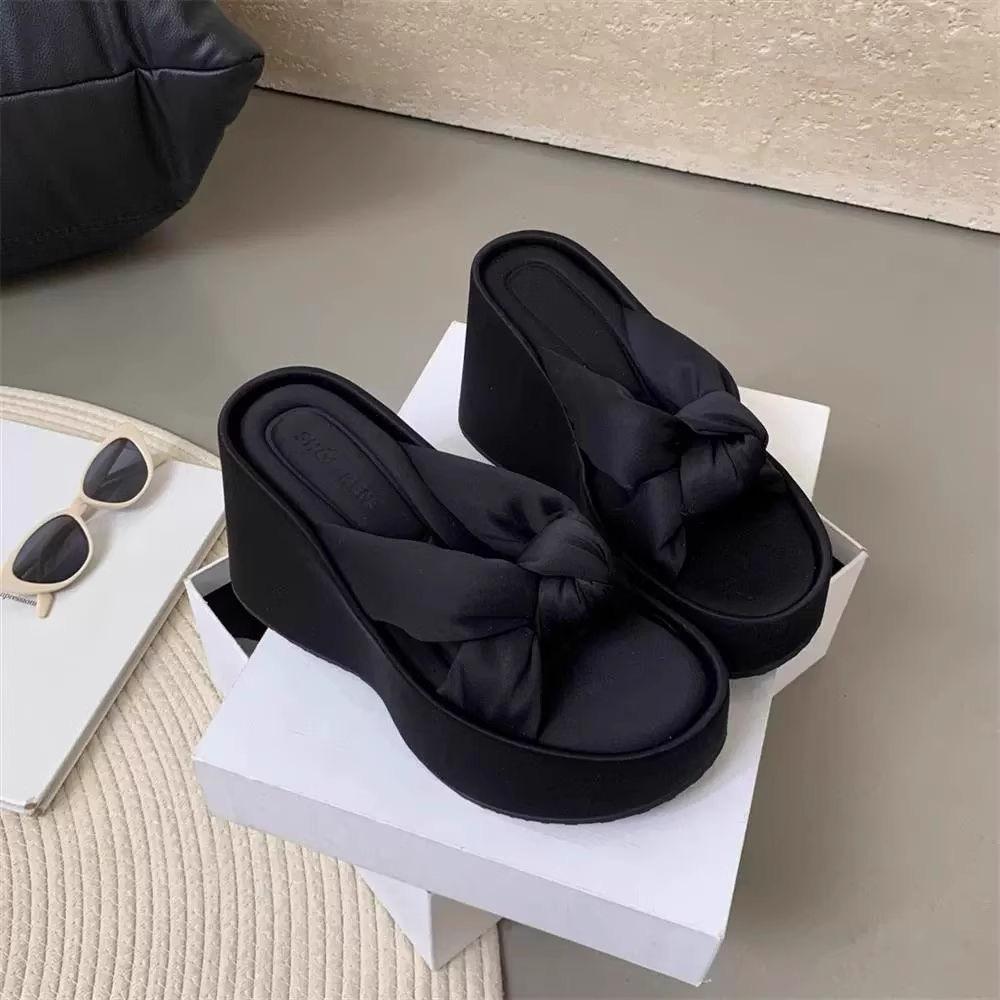 Fashion Platform Wedge Open Toe Slippers Summer New Round Head Black Cross-strap Beach Sandals Flip-flops Chunky Slides Backless Shoes