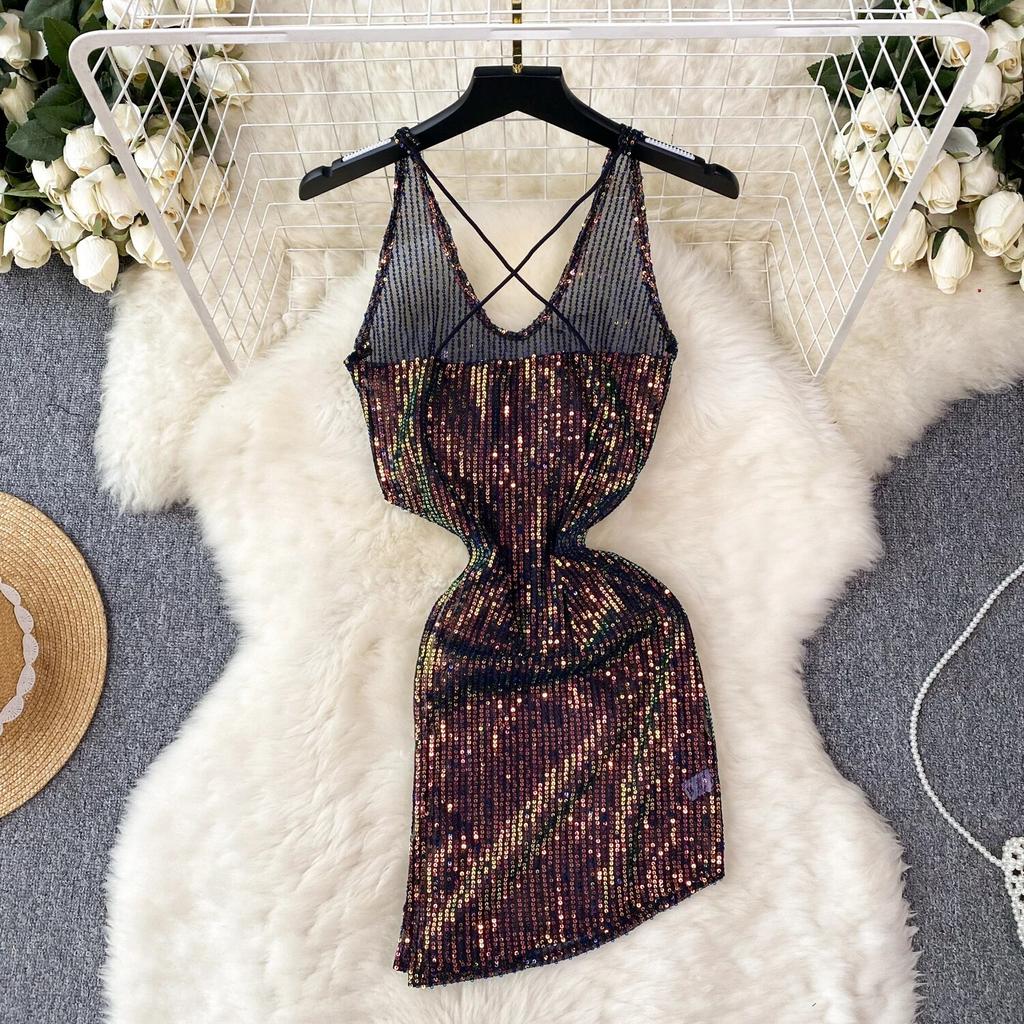 Sequins Erotic Camisole One Piece Dress Women Off Shoulder Short Split Skinny Party Dresses Female Fashion Cross Backless Club Sexy Dress 2024