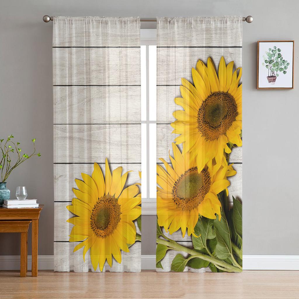 Sunflowers Wood Boards Translucent Drape ideal for Living Room Voile for Window Opening Shades Bedroom Tulle Drape Kitchen Cortinas Hall Curtains