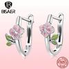 Bisaer 925 Sterling Silver Enamel Pink Realistic Cherry Blossom and Tree Leaf Earrings Buckle for Women Jewelry