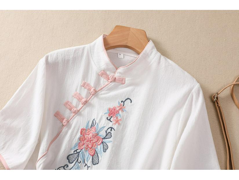 Ретро Дзен Чайная Пауза Женский Хлопковый Топ с Вышивкой - Рубашка с Коротким Рукавом в Китайском Стиле