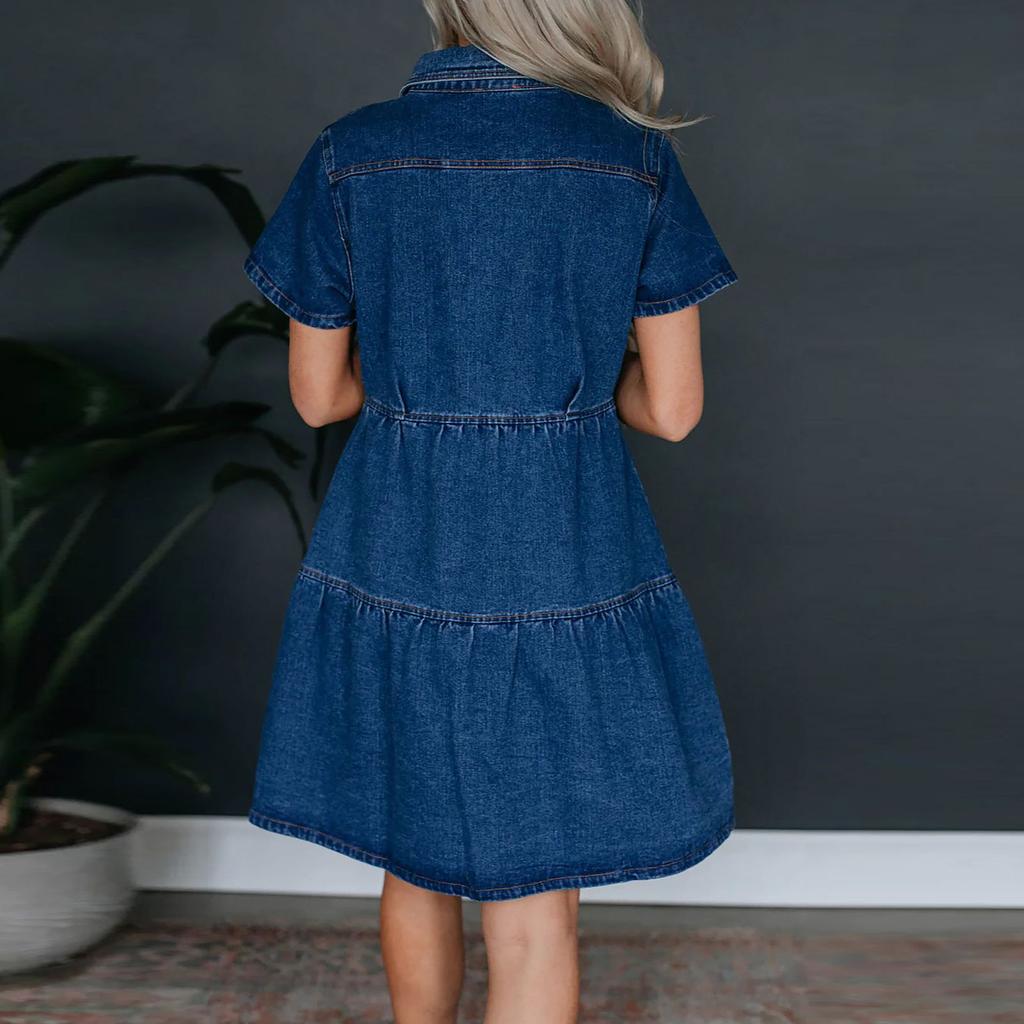 Женское модное повседневное джинсовое платье с коротким рукавом и воротником, однотонное