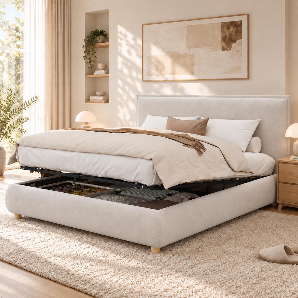 Upholstered bed, 160*200cm, hydraulic function bed, bed with slatted frame, upholstered headboard, bed legs made of solid wood, cream, velvet