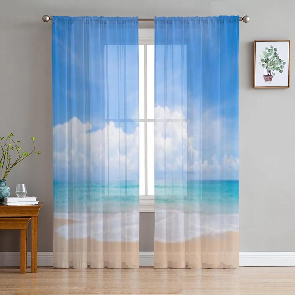 Tropical Beach And Blue Sky Tulle Sheer Curtains for Living Room the Room Bedroom Kitchen Decoration Voile Organza Curtains