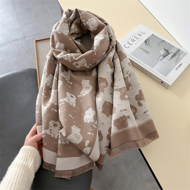 Cat Print Winter Warm Cashmere Scarf for Women Luxury Thick Blanket Shawl Wraps Pashmina Neckerchief Lady Poncho Echarpe