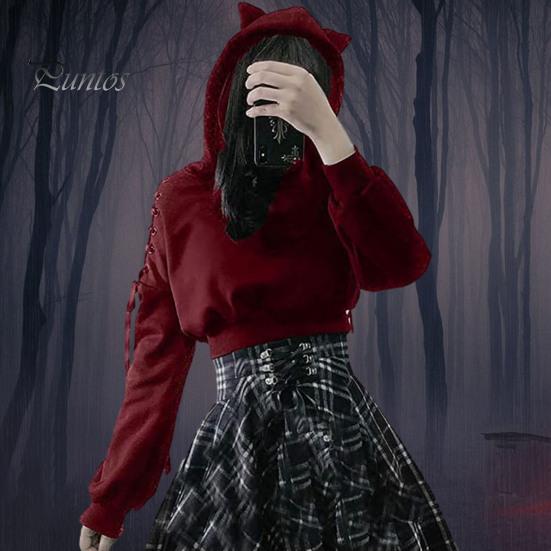 Свитшот с drawstring на рукавах Осень Женский Свободный крой Хэллоуин Спортивный Худи С вырезами Шнуровка Декор Ушки Кошки С капюшоном Открытые плечи Длинный Укороченный