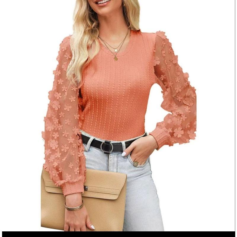 Mesh Small Flower Chiffon Shirt for Women In Spring Summer Round Neck for Slimming Pullover Long Sleeved Top