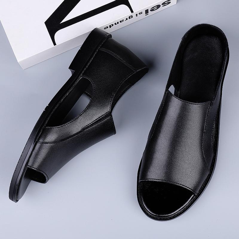 Летние новейшие мужские сандалии из натуральной кожи высокого качества, повседневная обувь для мужчин, дышащая пляжная обувь, уличные тапочки, черная мужская обувь