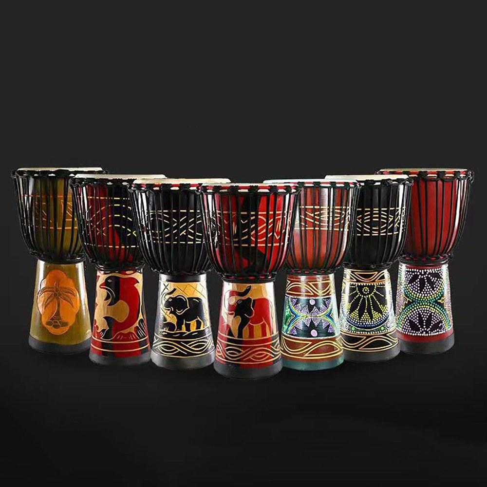 Djembe Ethnic Musical Instrument Toy Home Drum Percussion Sheep Skin Hand-Painted Pattern Bright Tone Suitable for Adults and Beginners Size 13 Black