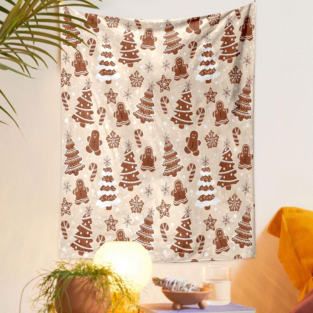 Gingerbread and Christmas Trees Pattern Patterned Tapestry Decorative Wall Hanging, Home Bedroom Living Room Decor