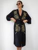 Beach Cover Ups Black Gold Embroidery Kimono Self Belted Swimsuit Cape Wrap Dresses Holiday Bathing Suits