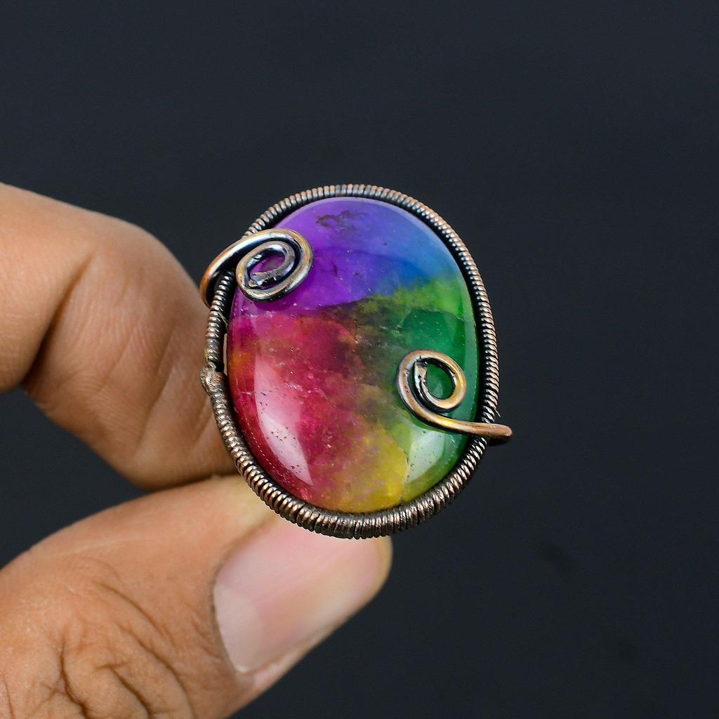 Rainbow Solar Quartz Gemstone Copper Wire Wrapped Handmade Jewelry Ring For Her All Size