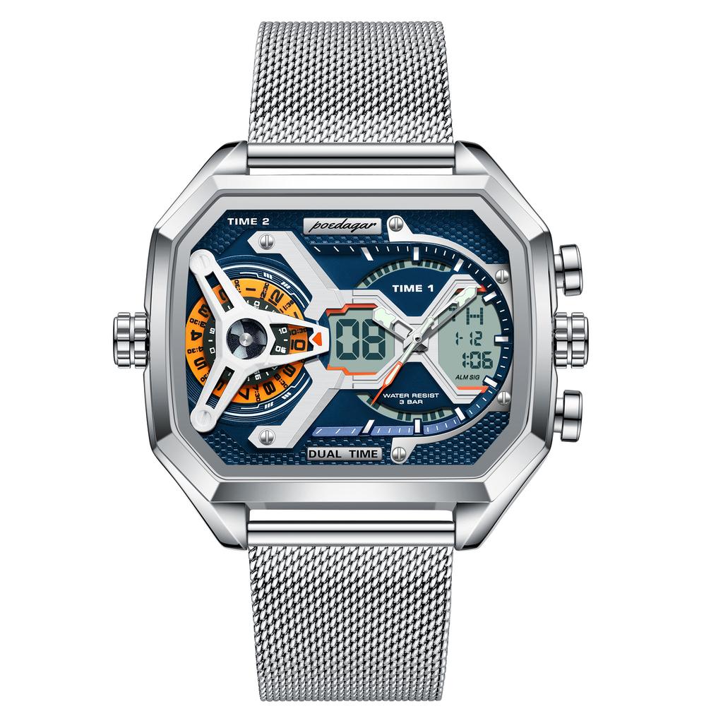 POEDAGAR Новые Роскошные Мужские Часы с Двойным Дисплеем, Дата, День Недели, Люминесцентные Светодиодные Мужские Часы, Сетчатый Ремешок, Электронные Спортивные Мужские Кварцевые Часы