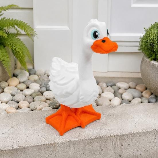 Handcrafted Style Garden Statue 3D Printed Yard Goose Statue, Cute White Long Neck Porch Decor with Whimsical Outdoor Accent Orange Beak Feet,