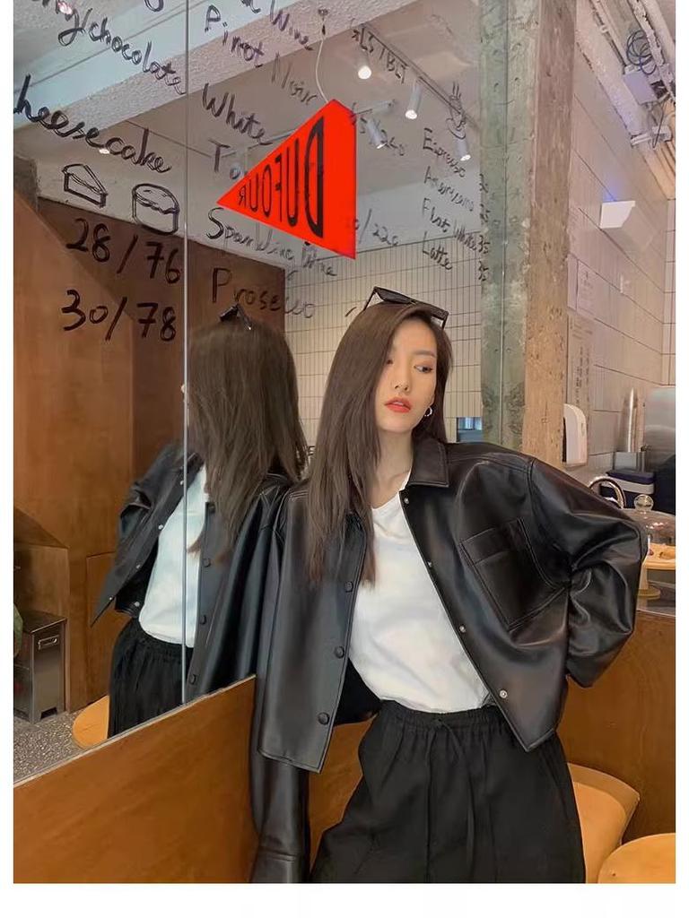 Trendy Women's Hong Kong-Style PU Leather Motorcycle Jacket - Chic, Versatile Outerwear for Spring, Autumn, Winter.