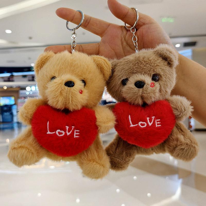 Cute Heart Holding Bear Plush Keychain Backpack Pendant Doll Soft Stuffed Animal Toy Ornament