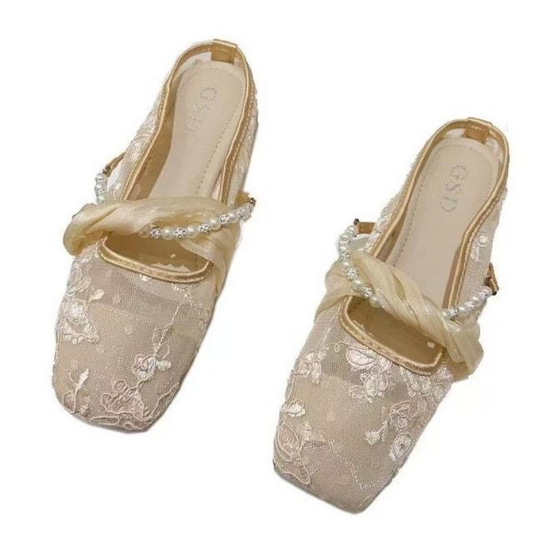 Chinese-style Pearl Mesh Soft-soled Sandals Summer New Shoes Flat-bottomed Bag Head Wearing Half Slippers Women
