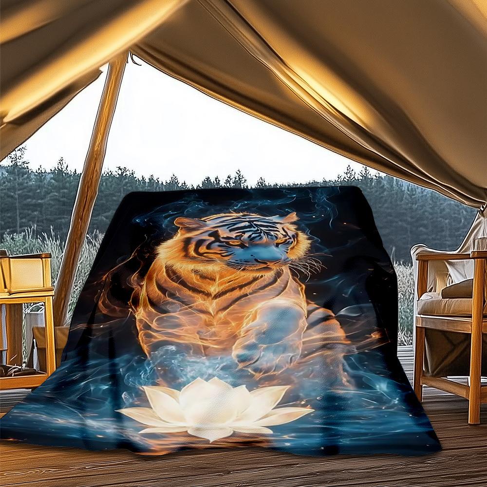 1pc Tiger Lotus Throw Blanket Polyester Fiber, Lightweight Flannel, Soft & Warm, All Season Use for Outdoor, Camping Digital Print